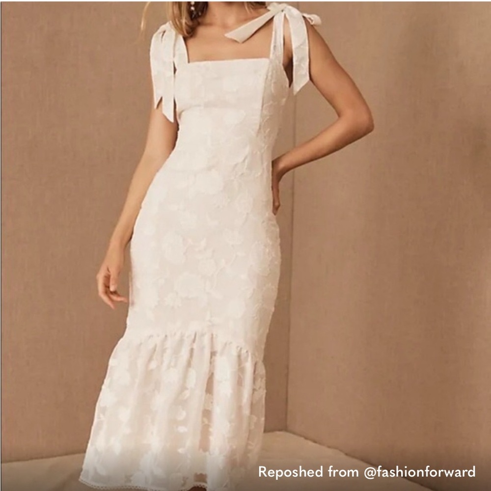BHLDN Cream Ruffled Tie Front Midi Dress